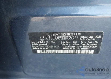 2013 Subaru Impreza z USA, uszkodzony, nr VIN JF1GJAA69DH035377